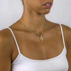 Μενταγιόν διπλής όψης με Swarovski, ημιπολύτιμη πέτρα και τρίχρωμη αλυσίδα M69
